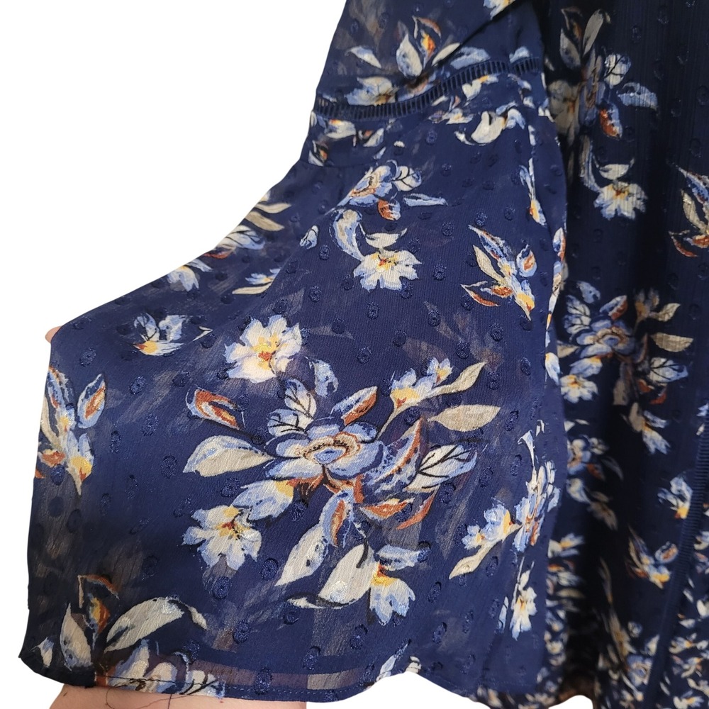 Navy Swiss Dot Floral Boho Romantic Bell Sleeve Shift Dress Tassel Lace WHBM M‎ - Picture 4 of 7
